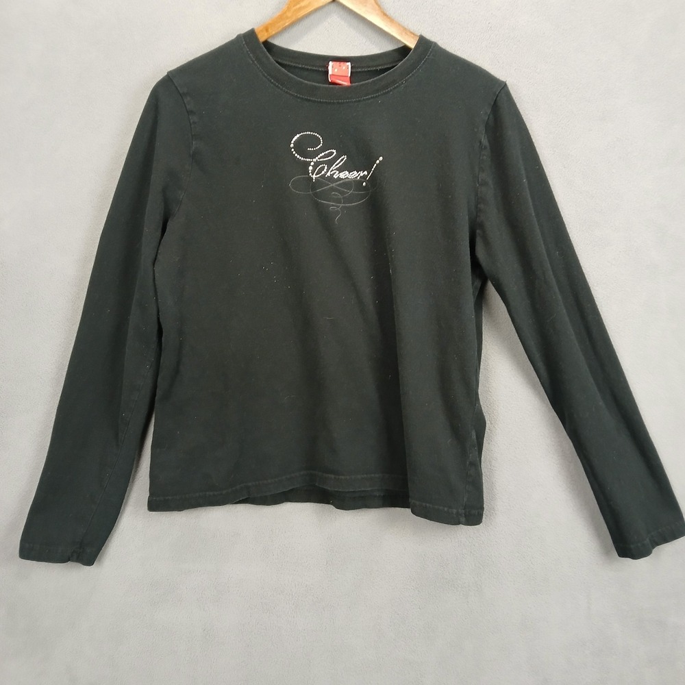 Cheer Shirt Womens XL Black Logo Rhinestone Long Sleeve Round Neck Casual Modern